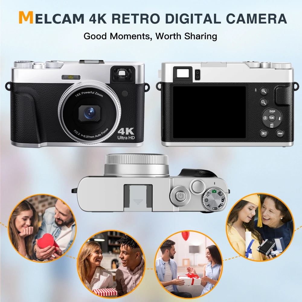 4K Digital Camera with Viewfinder Flash & Dial, 48MP Digital Camera for Photography and Video Autofocus Anti-Shake, 32G SD Card