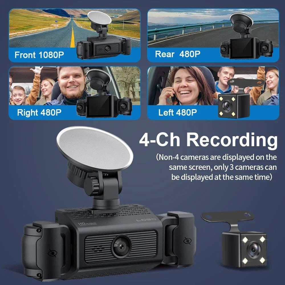 Dash Cam W/ IR Night Vision Loop Recording 3" IPS Screen 360° Rotatable 1080P 4 Camera Front/Rear/Left/Right Cars Driving DVR