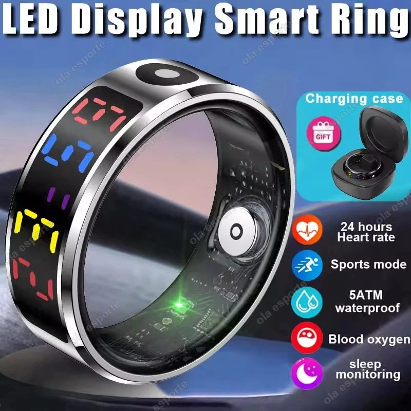 Smart Ring Men Women LED Display Screen,Gift Ring,Heart Rate Blood Oxygen Monitor,Multi Sport Modes,5ATM & IP68 Waterproof Rings