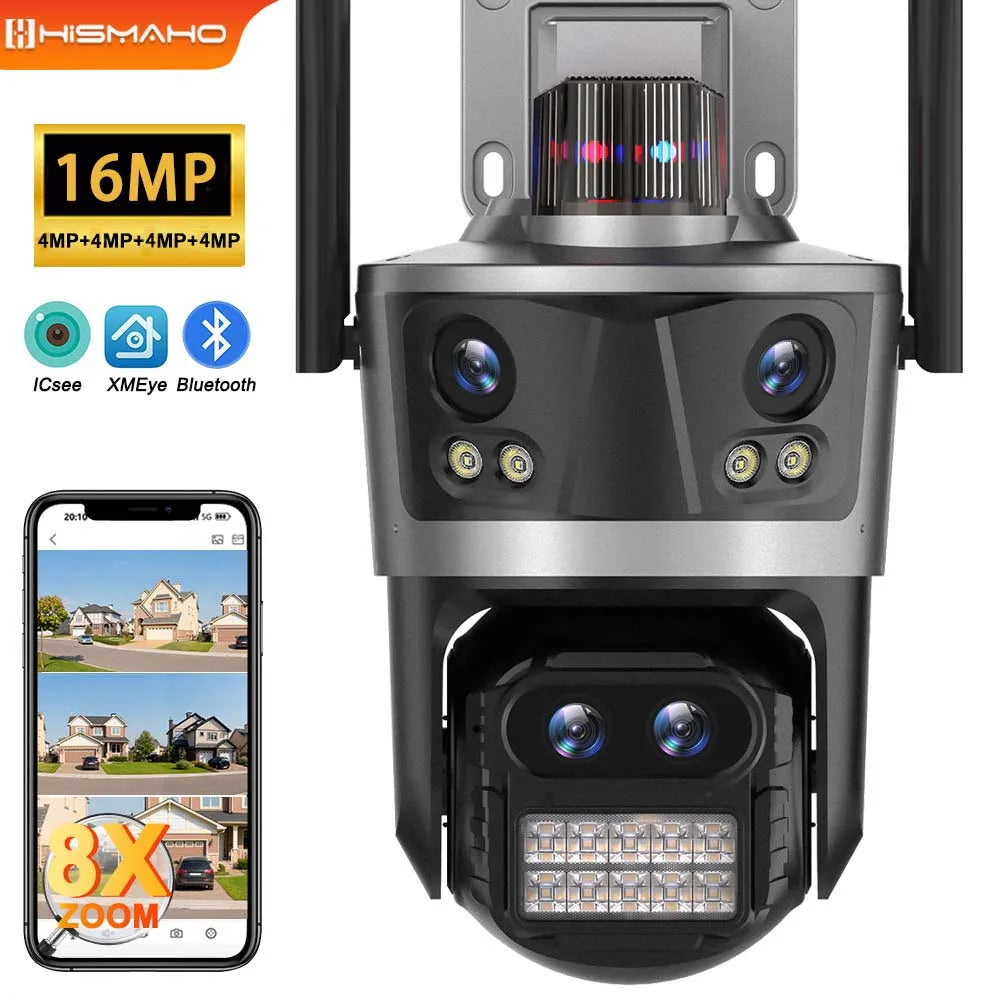 ICsee Security Camera 8K 16MP Four Lens 8X Zoom Outdoor WiFi Wireless CCTV Video Surveillance Auto Tracking Home Protection