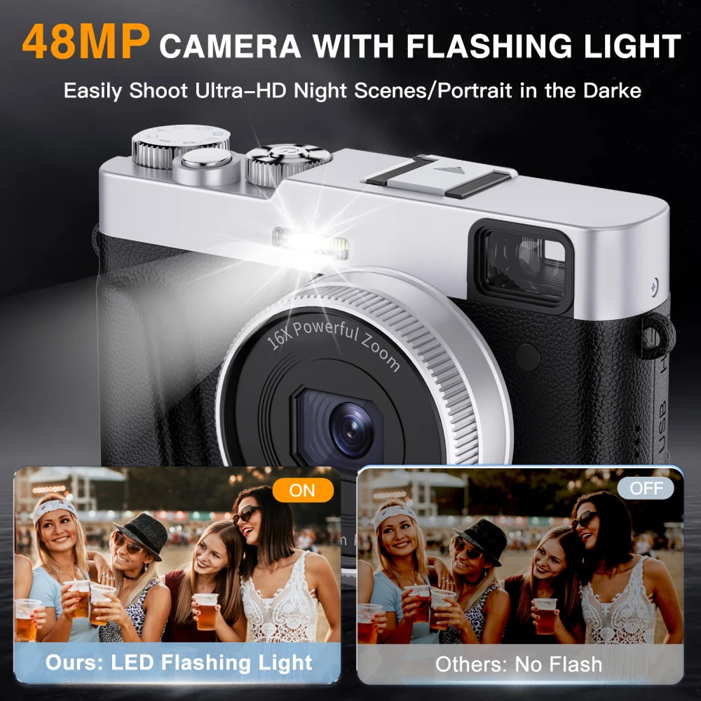 4K Digital Camera with Viewfinder Flash & Dial, 48MP Digital Camera for Photography and Video Autofocus Anti-Shake, 32G SD Card
