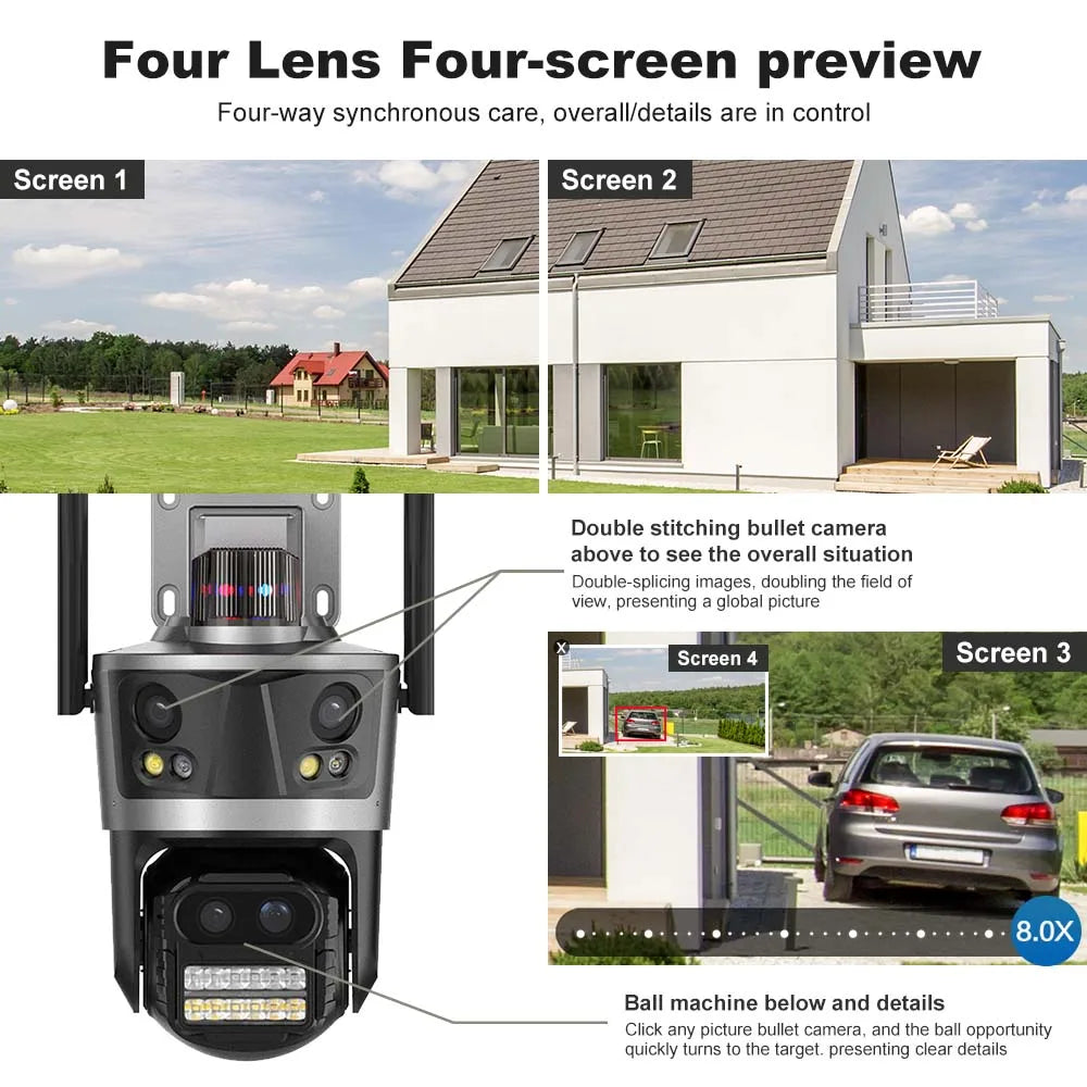 ICsee Security Camera 8K 16MP Four Lens 8X Zoom Outdoor WiFi Wireless CCTV Video Surveillance Auto Tracking Home Protection