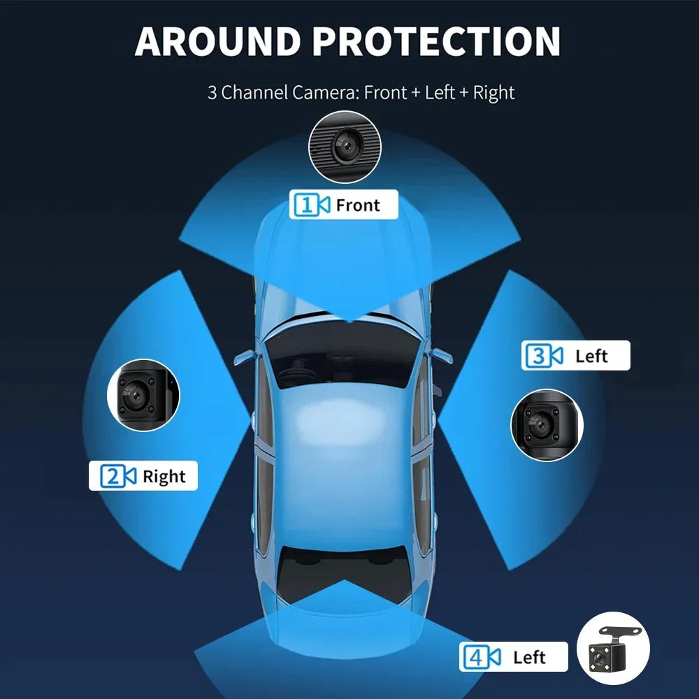 Dash Cam W/ IR Night Vision Loop Recording 3" IPS Screen 360° Rotatable 1080P 4 Camera Front/Rear/Left/Right Cars Driving DVR
