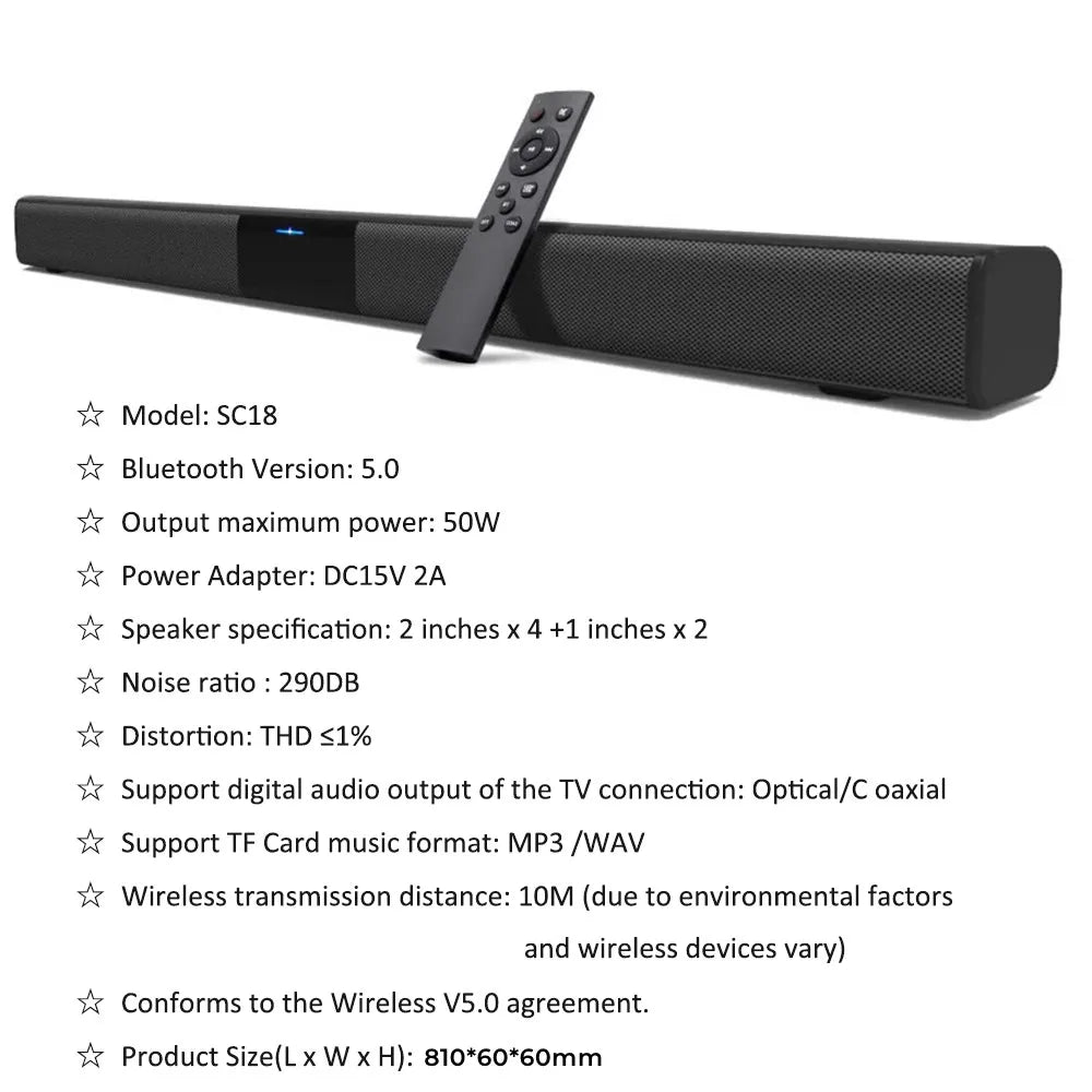 Soundage 50W TV Soundbar Wired and Wireless Bluetooth 5.0 Surround Sound Bar Stereo Speaker Home Theater Soundbars Wall-Mounting